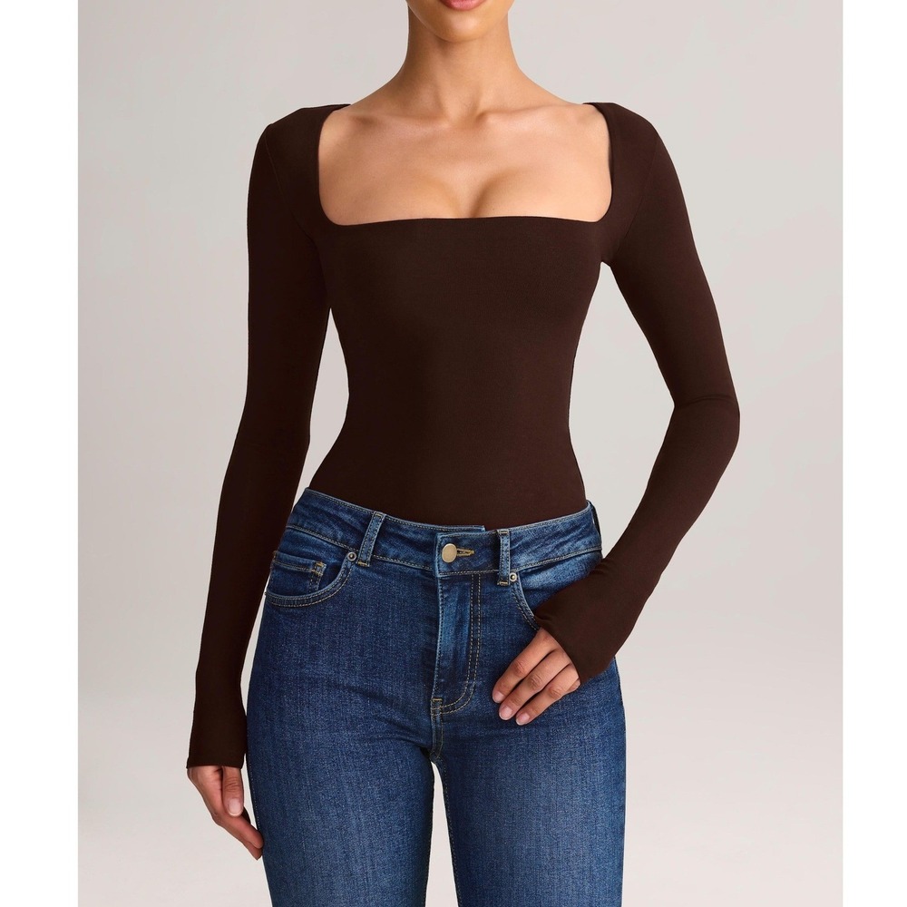 NWT Oh Polly Kaia Modal Square-Neck Long-Sleeve Top in Chocolate Brown Medium - Picture 1 of 9